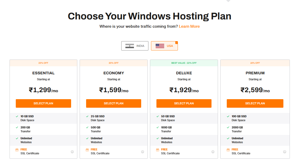 Tabella dei prezzi dell'hosting reseller Windows di BigRock che mostra i piani Essential, Economy, Deluxe e Premium