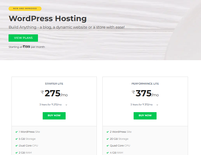 Tabella dei prezzi dell'hosting WordPress BigRock che mostra i piani Starter Lite e Performance Lite