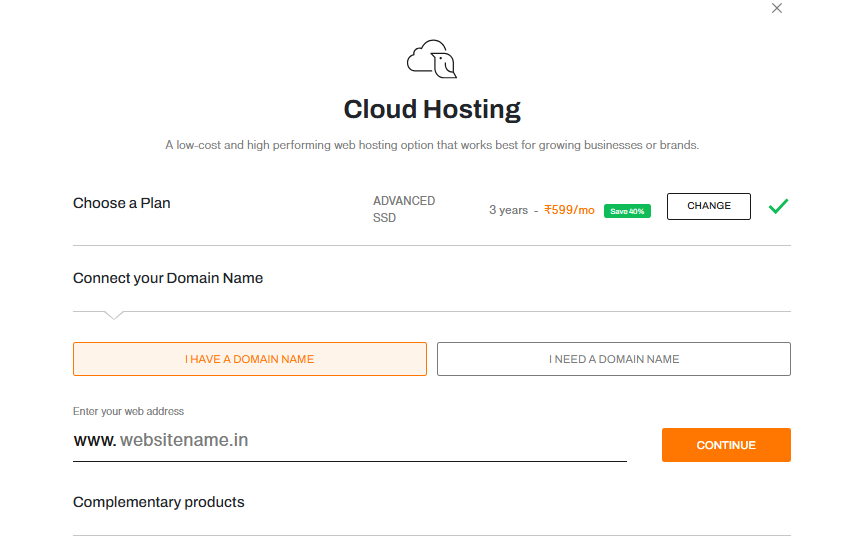 BigRock cloud hosting domain selection page for connecting an existing domain or registering a new domain