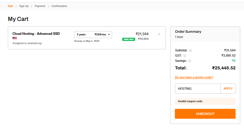 BigRock cloud hosting checkout page showing order summary promo code field and checkout button