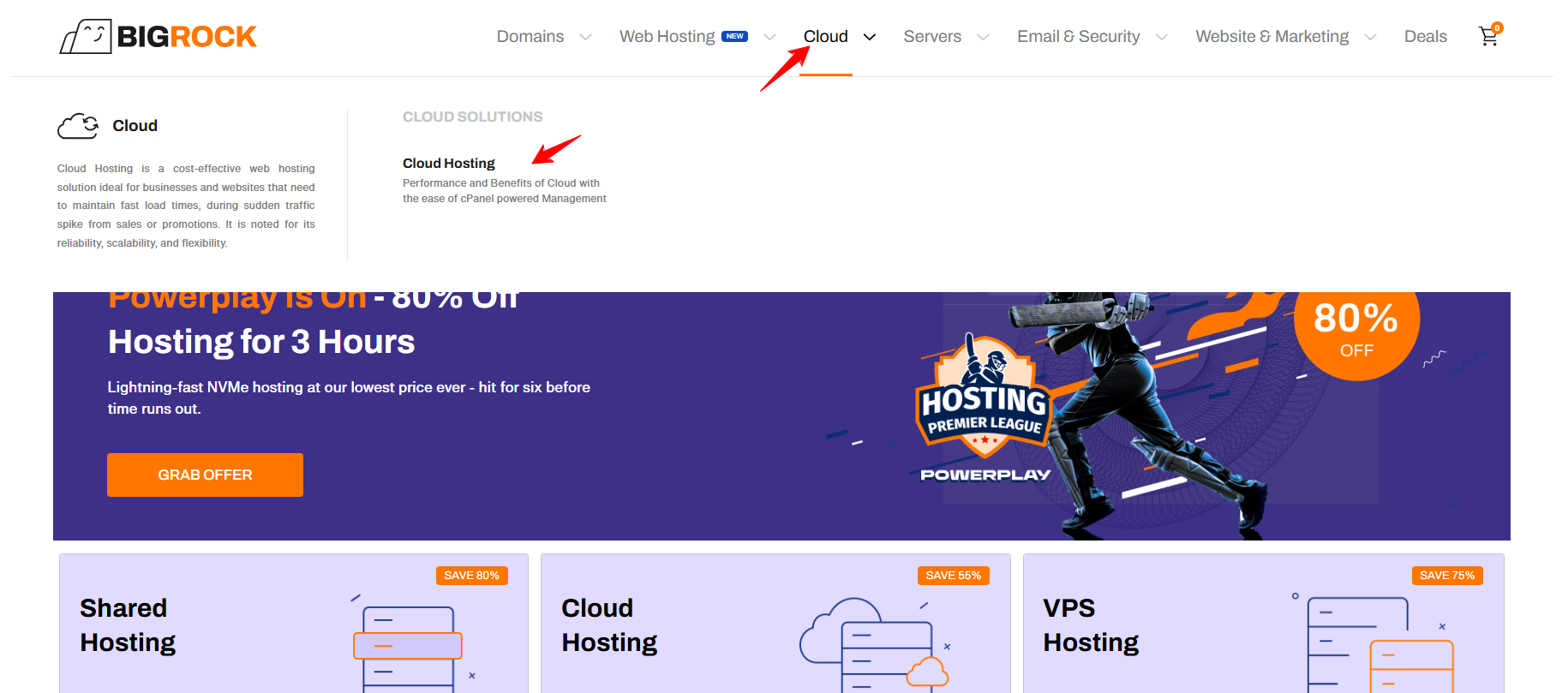 BigRock Cloud Hosting landing page showing performance score and visitor growth chart