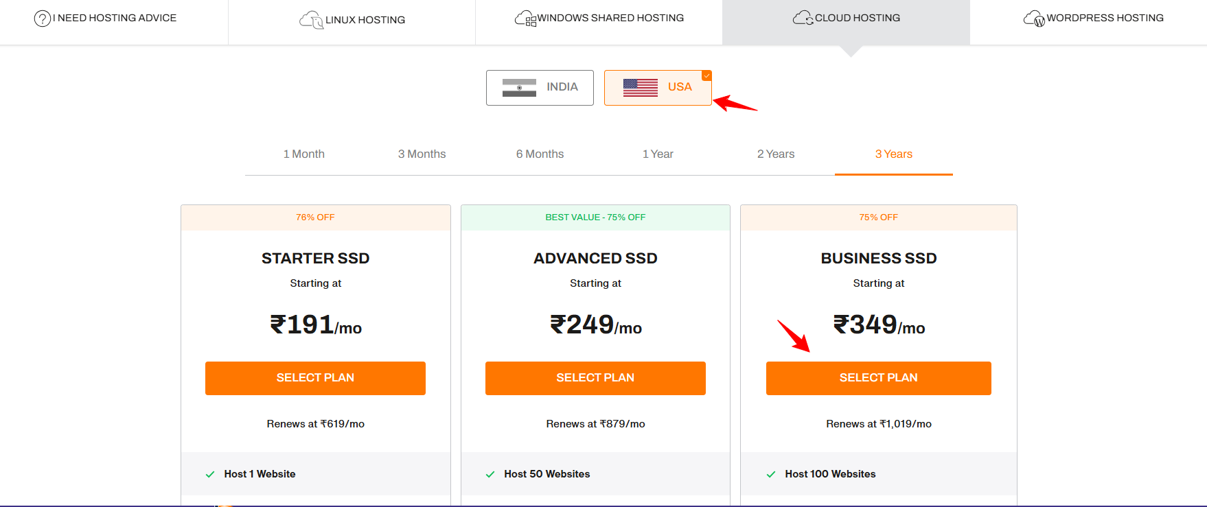 BigRock Cloud Hosting pricing cards with India and USA server location toggle