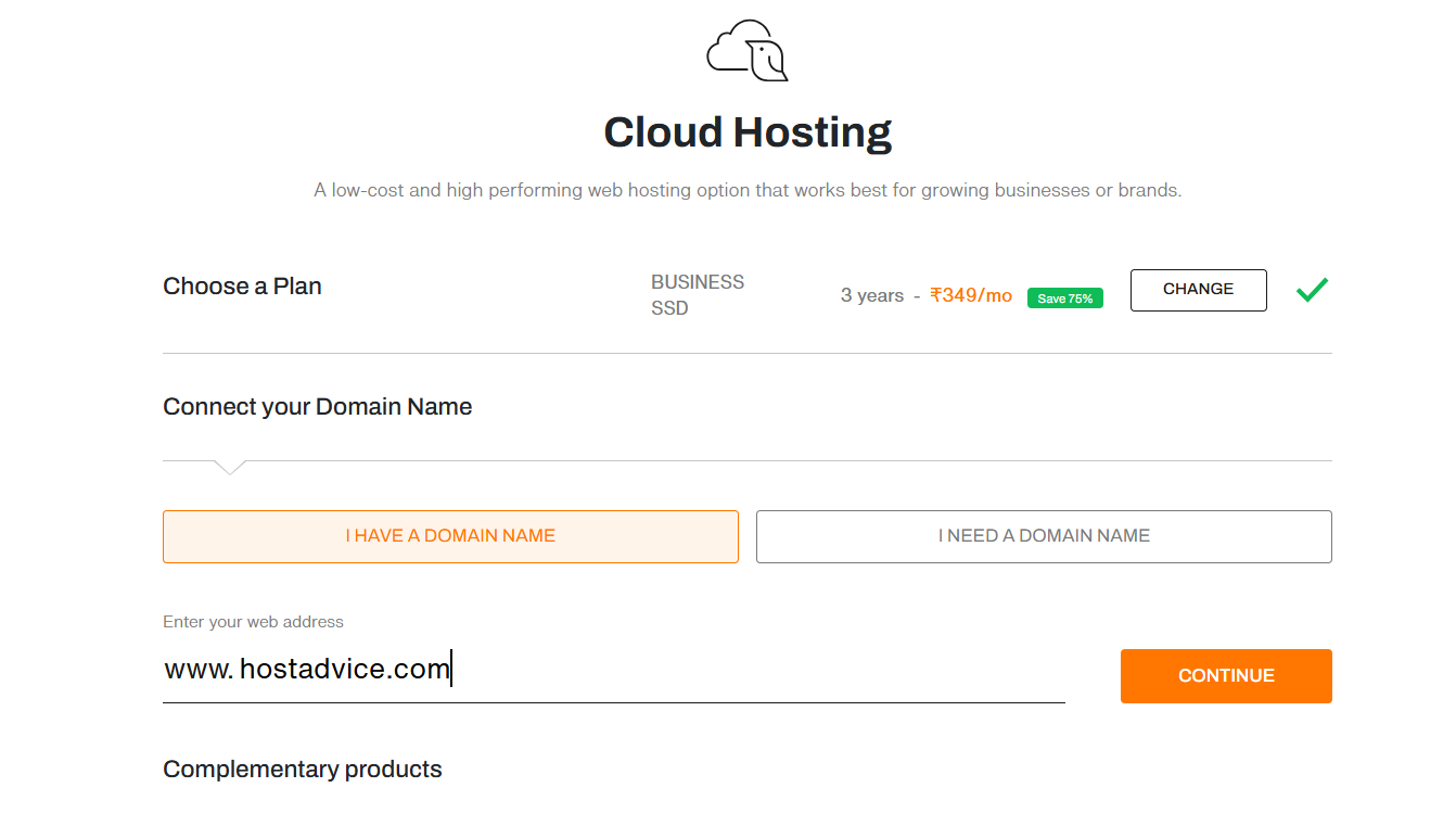 BigRock Cloud Hosting configuration modal with domain connection options