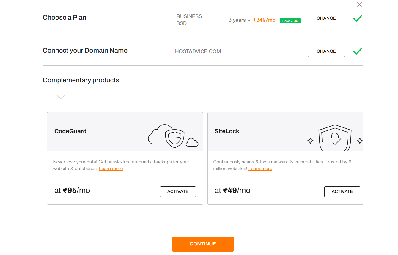 BigRock complementary products section showing CodeGuard and SiteLock add-ons