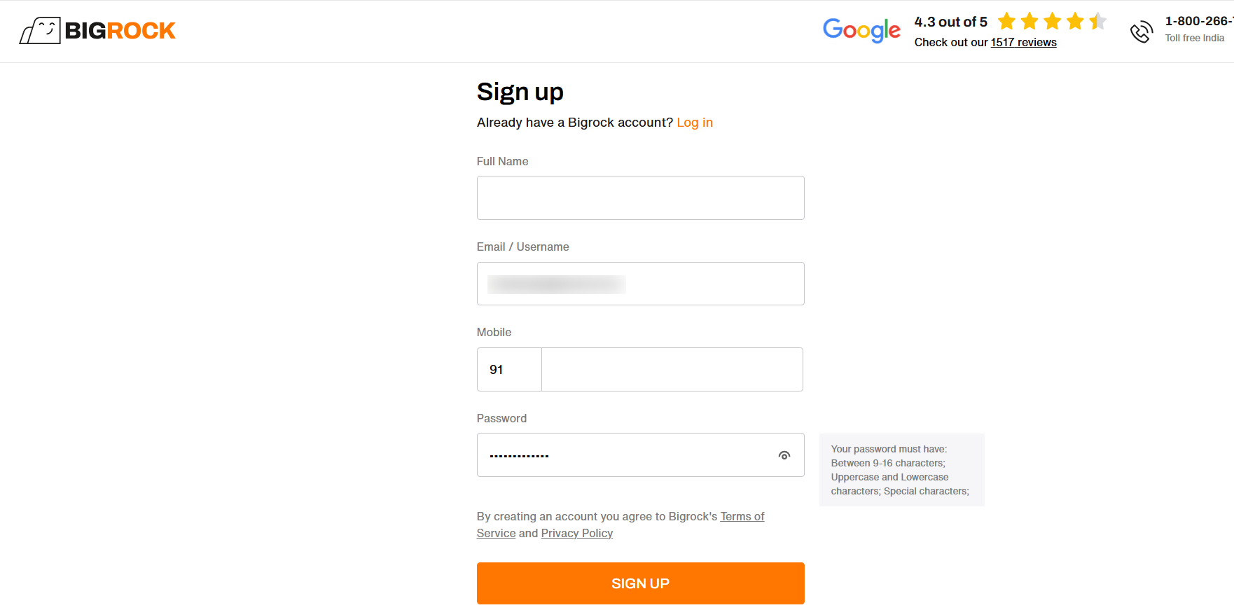 BigRock checkout sign up form with name email mobile number and password fields