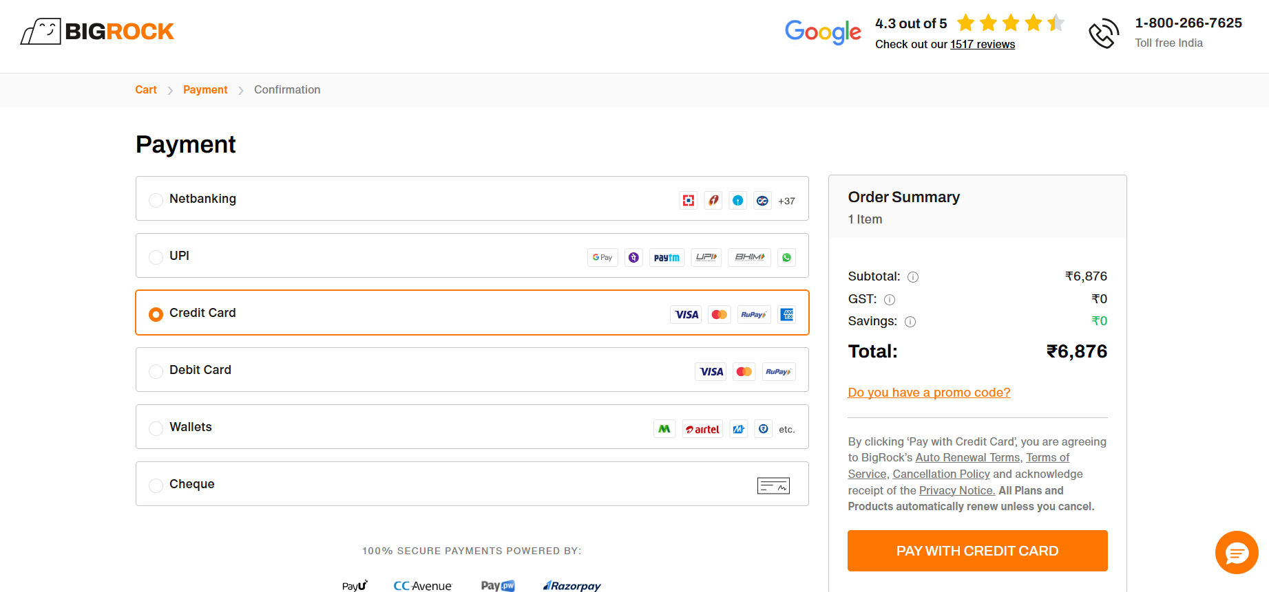 BigRock payment page showing payment methods order summary and terms agreement