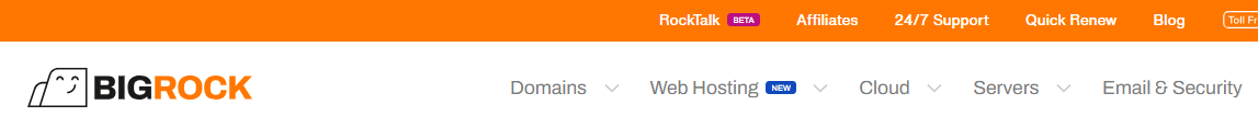 BigRock website top menu showing Web Hosting option