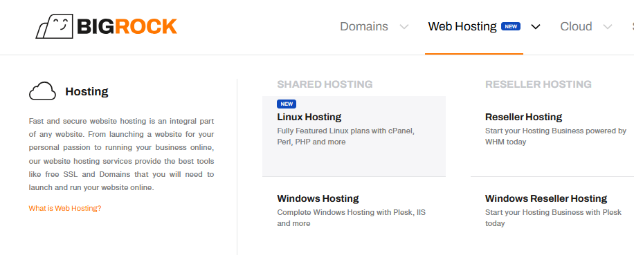 BigRock shared hosting drop down menu with Linux Hosting and Windows Hosting options