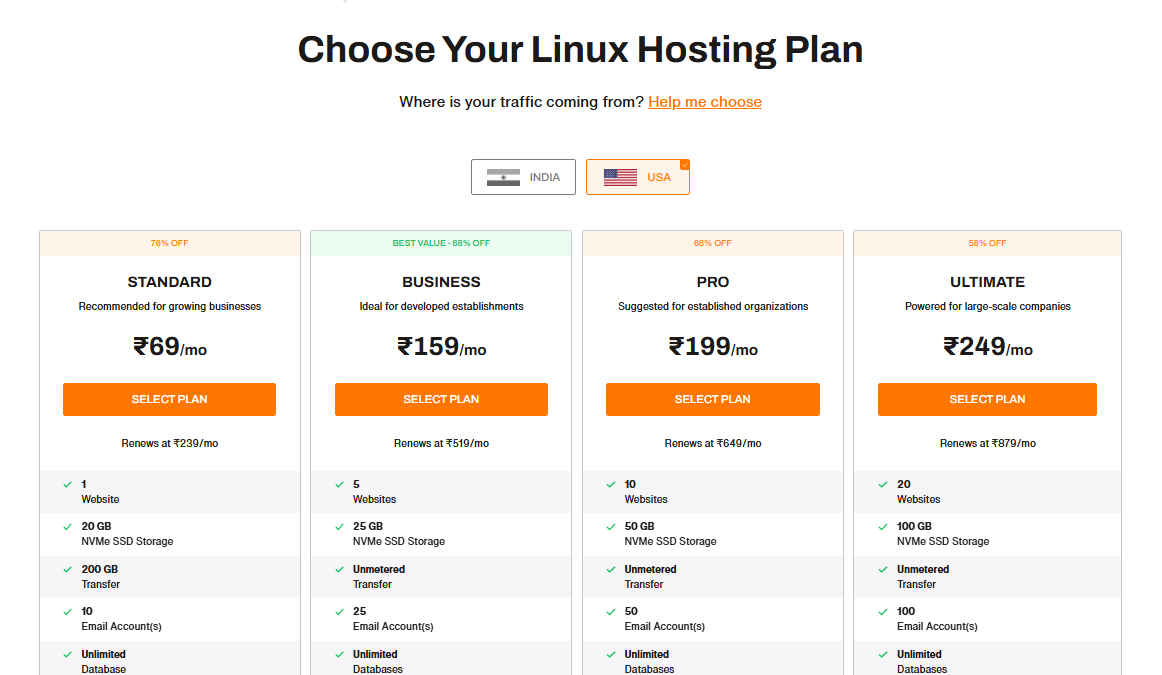 BigRock Linux hosting plans page showing Select Plan buttons