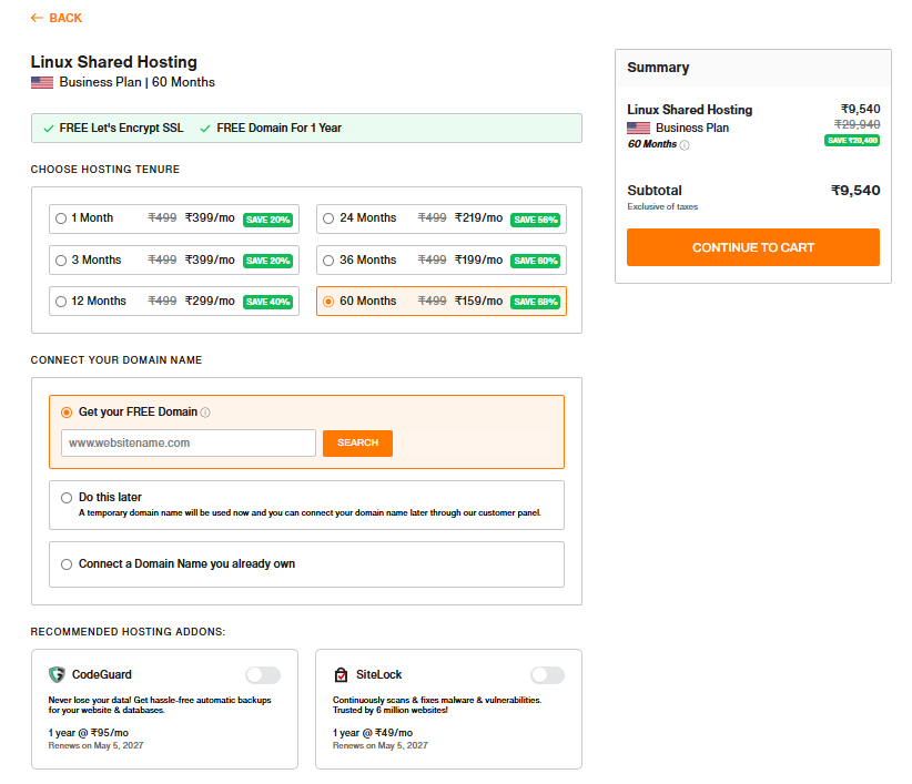 BigRock checkout page showing hosting duration domain selection and order summary