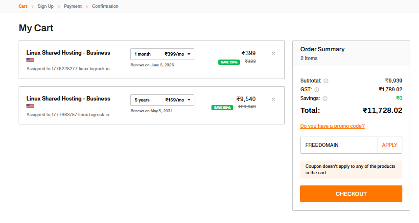 BigRock cart page showing promo code field and checkout button