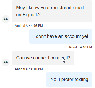 BigRock live chat asking for registered email address and suggesting phone call