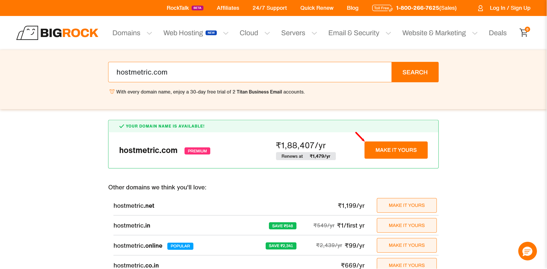 BigRock domain search results page showing available premium domain and renewal rate
