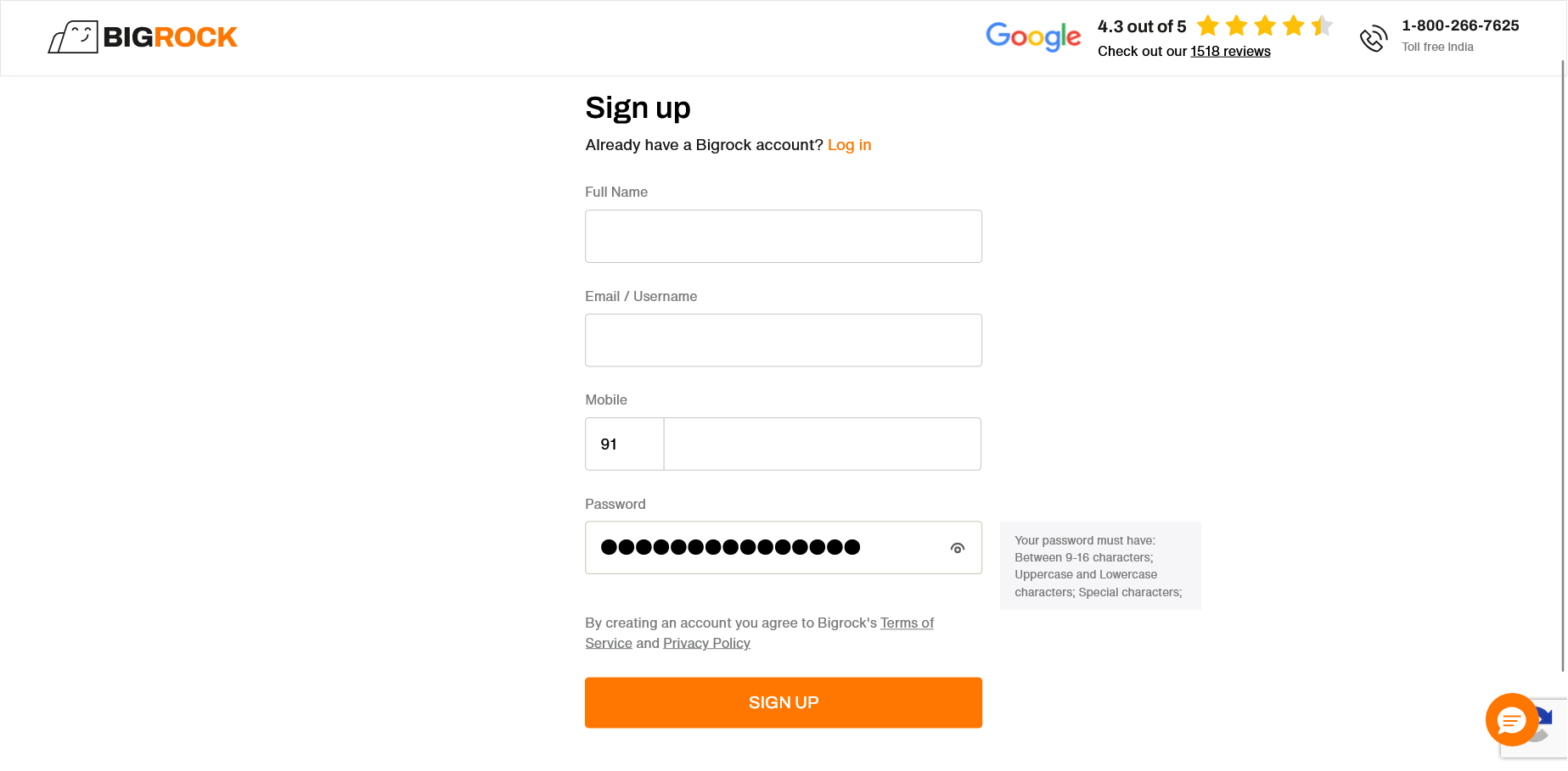 BigRock sign up page during domain registration checkout