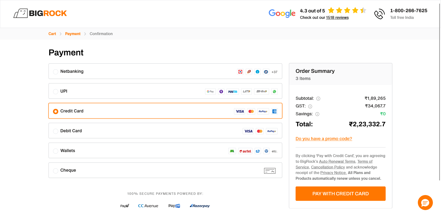 BigRock payment methods page showing UPI, cards, wallets, and Netbanking options