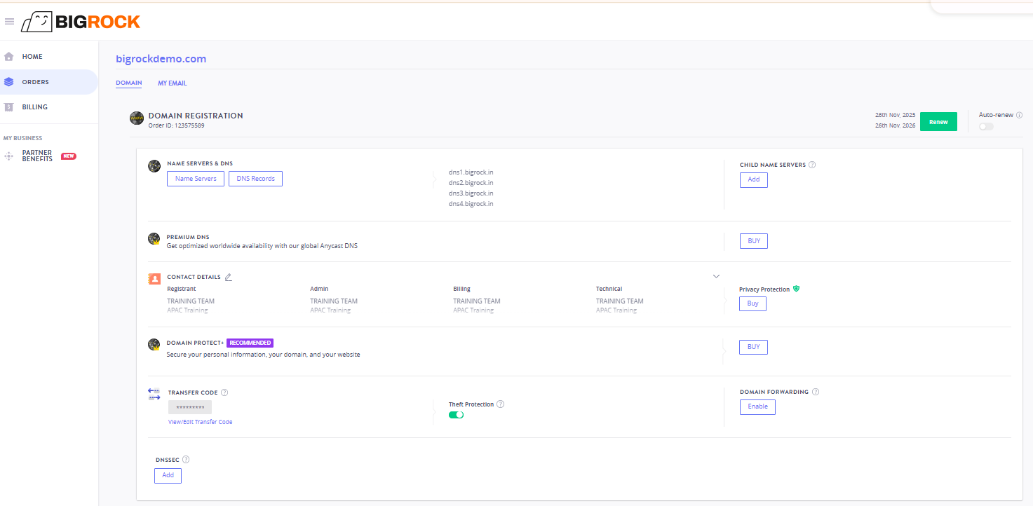BigRock domain management interface showing nameservers, DNS, contacts, transfer code, and DNSSEC