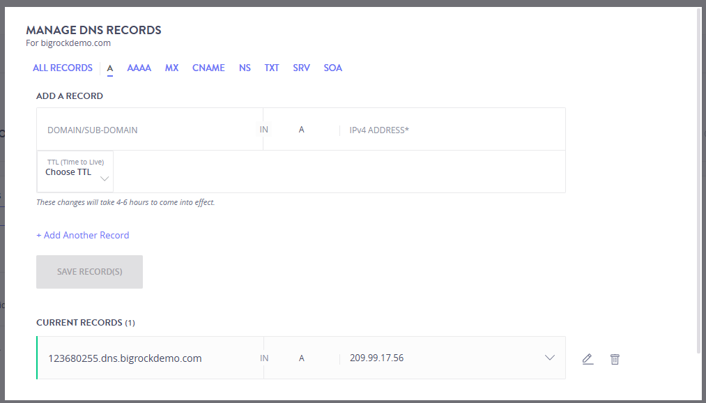 BigRock DNS records manager with record type tabs and add record form