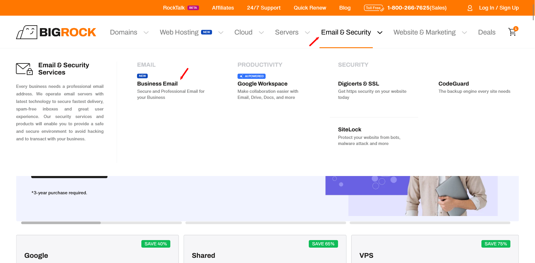 Business Emailオプションを表示するBigRockのEmail and Securityドロップダウン