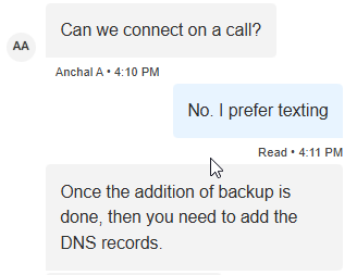 バックアップとDNSレコードについてのBigRockライブチャット回答