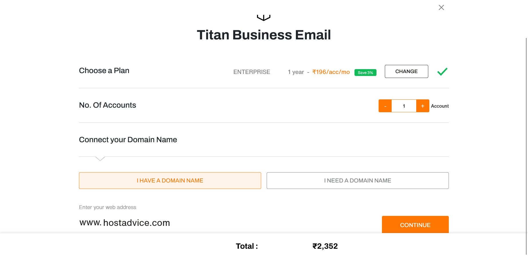アカウント数量セレクター付きのBigRock Titan Email Enterpriseサインアップモーダル
