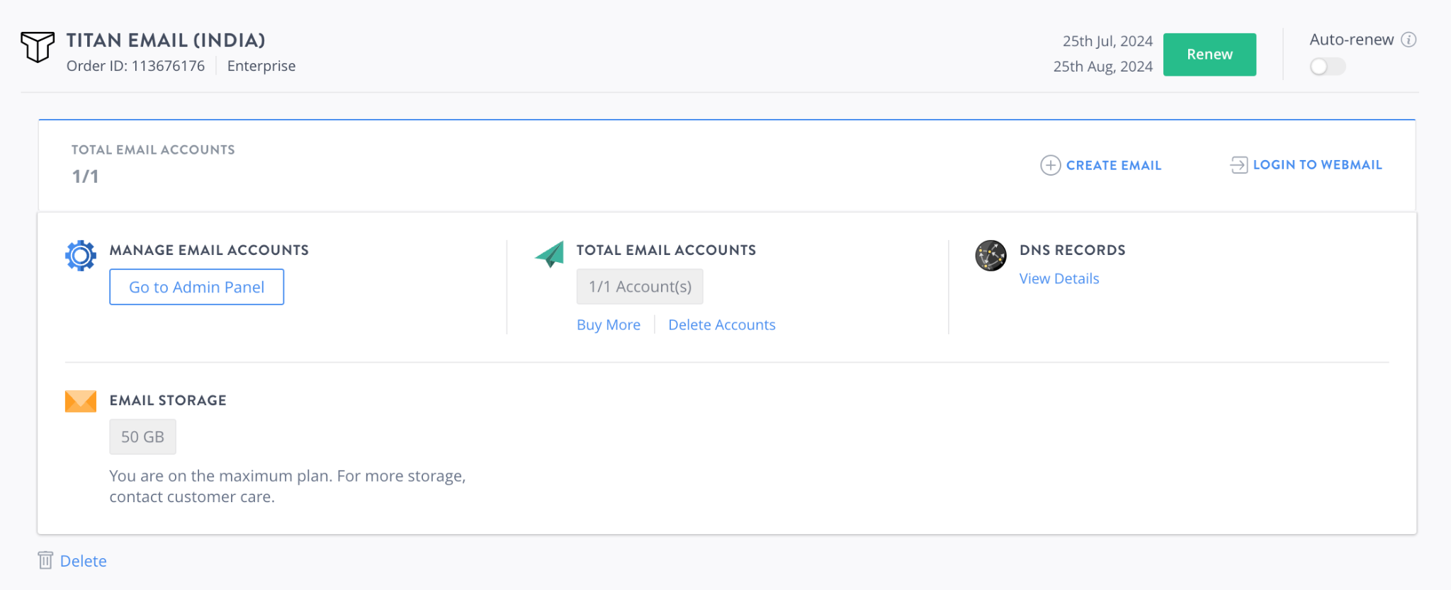 アカウント管理オプションを表示するBigRock Titan Emailダッシュボード