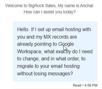 Google Workspaceのメール移行についてのBigRockライブチャット会話