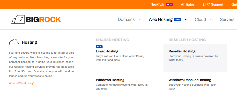 BigRock website reseller hosting menu