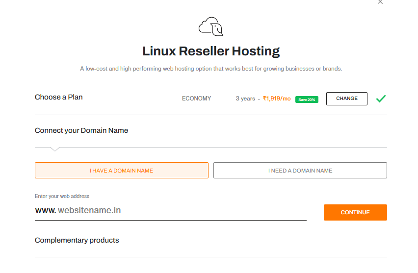 BigRock reseller hosting domain selection page