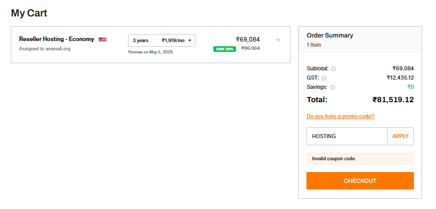 BigRock reseller hosting checkout order summary