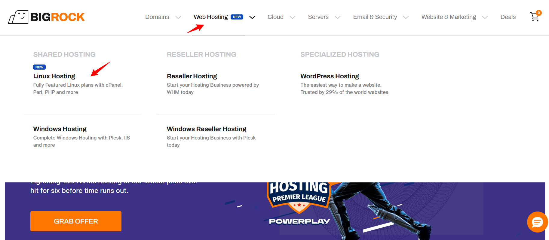 Menu Web Hosting de BigRock montrant l'option Linux Hosting