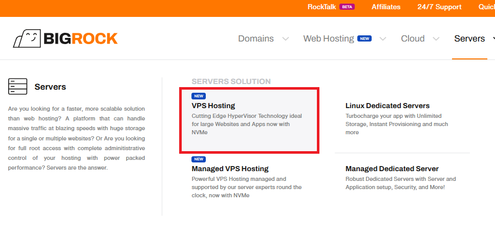 Rozbalovací nabídka serveru BigRock s možností VPS hostingu