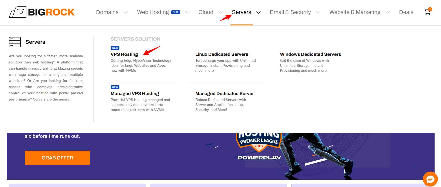 BigRock Servers dropdown showing VPS Hosting option