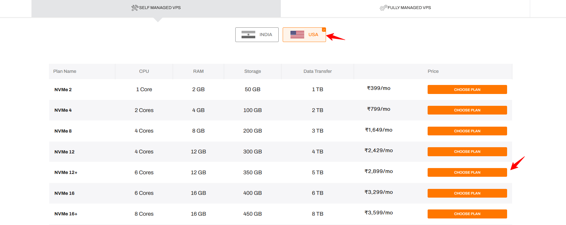 BigRock VPS plan comparison table with India and USA location toggle