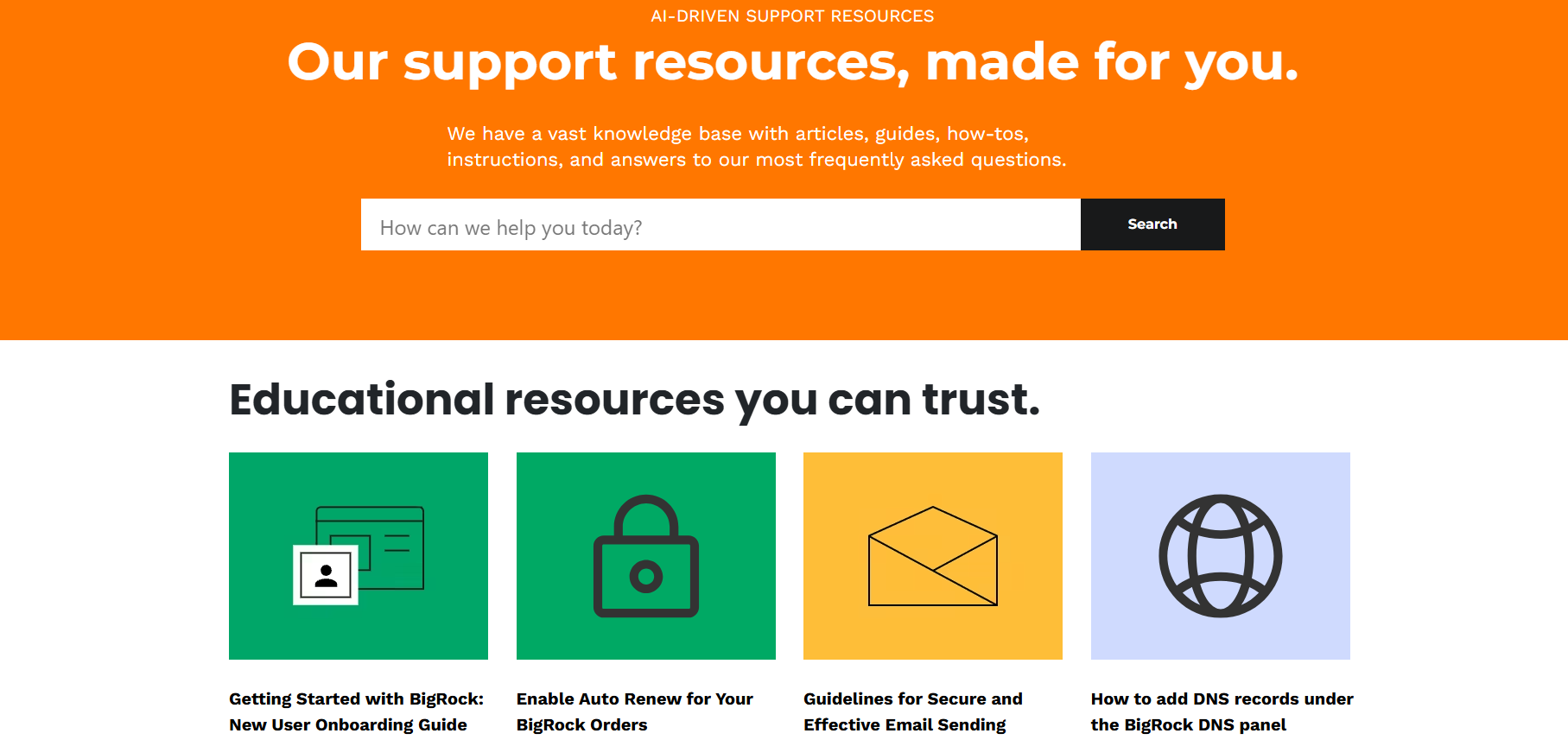 BigRock Help Center categories showing VPS and Dedicated Linux documentation