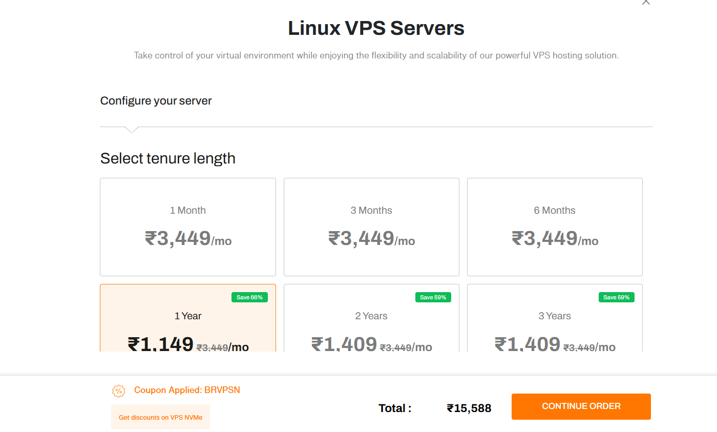 BigRock VPS tenure selection modal with six billing options and discount badges