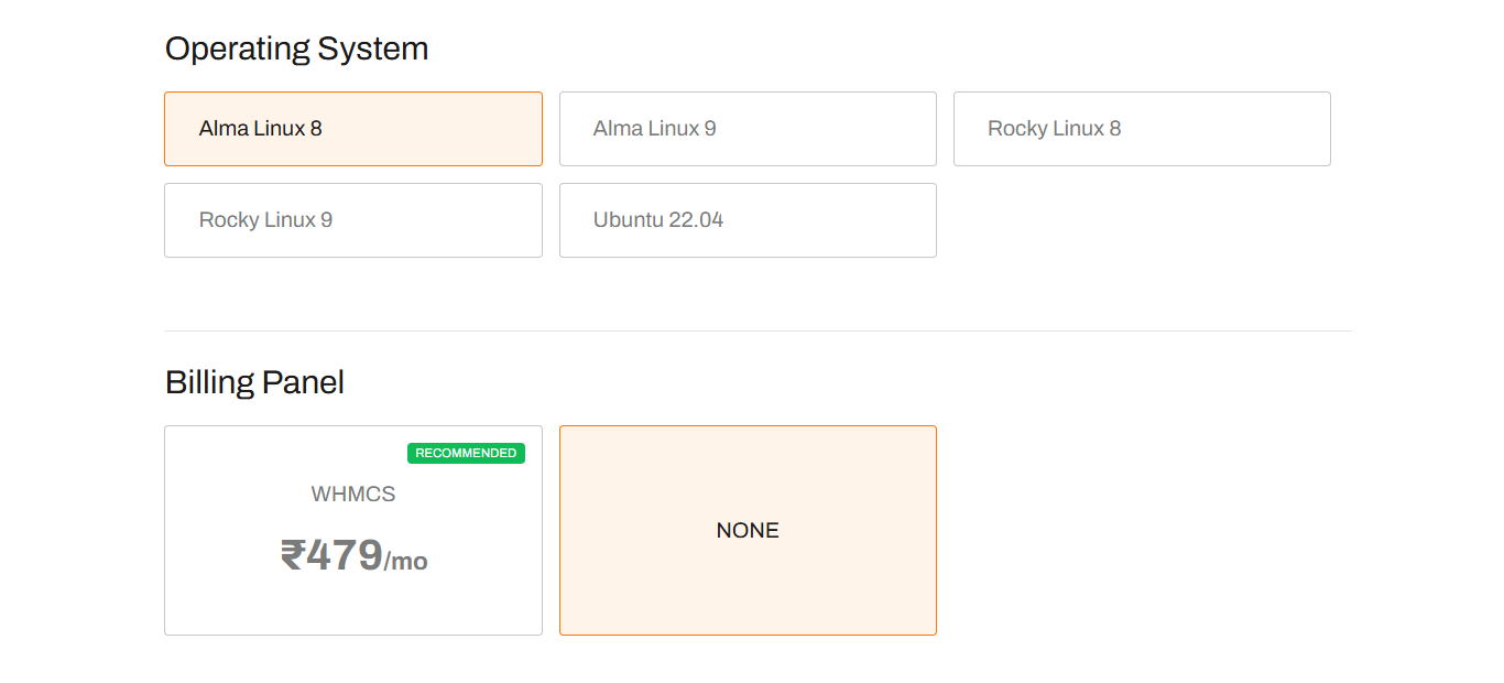 BigRock VPS operating system selection tiles showing AlmaLinux Rocky Linux and Ubuntu options