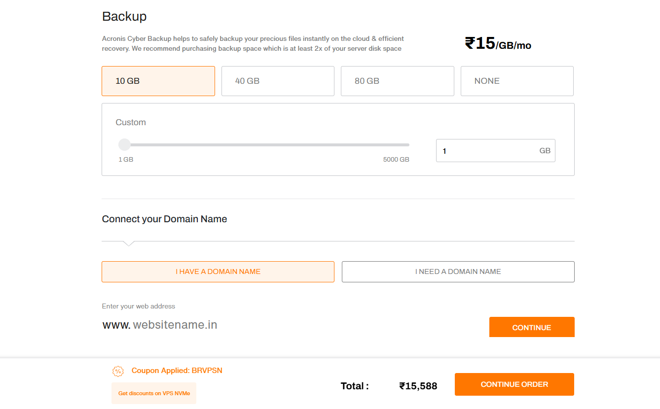 BigRock VPS server enhancements section showing self-managed and fully managed options
