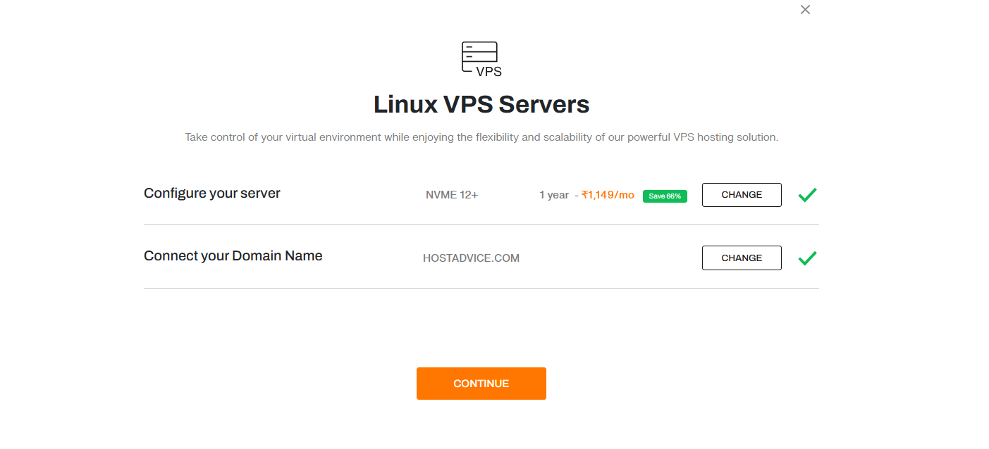 BigRock VPS configuration review summary showing selected server and connected domain