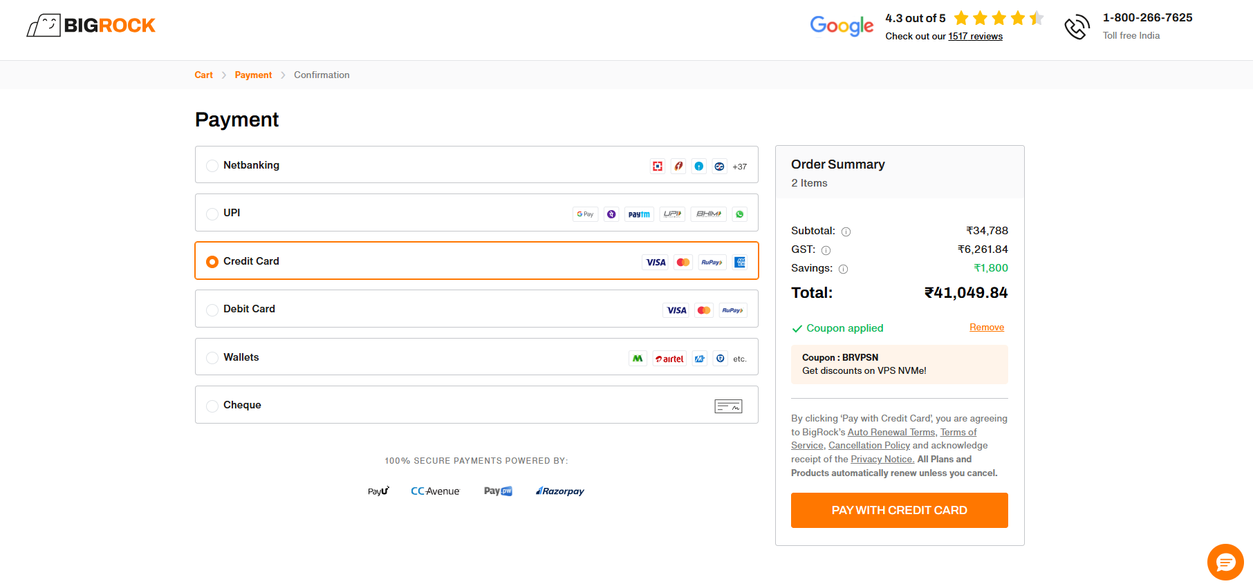 BigRock VPS payment page with payment methods and auto-renewal disclosure