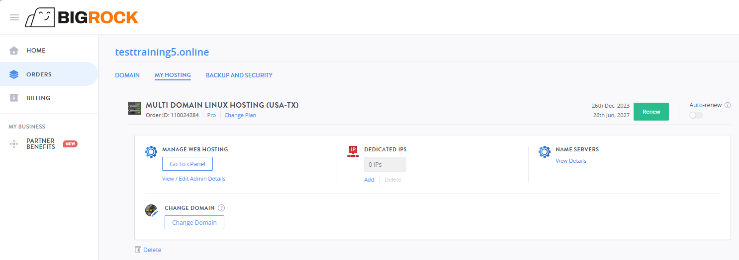 BigRock customer dashboard Orders section showing VPS hosting management