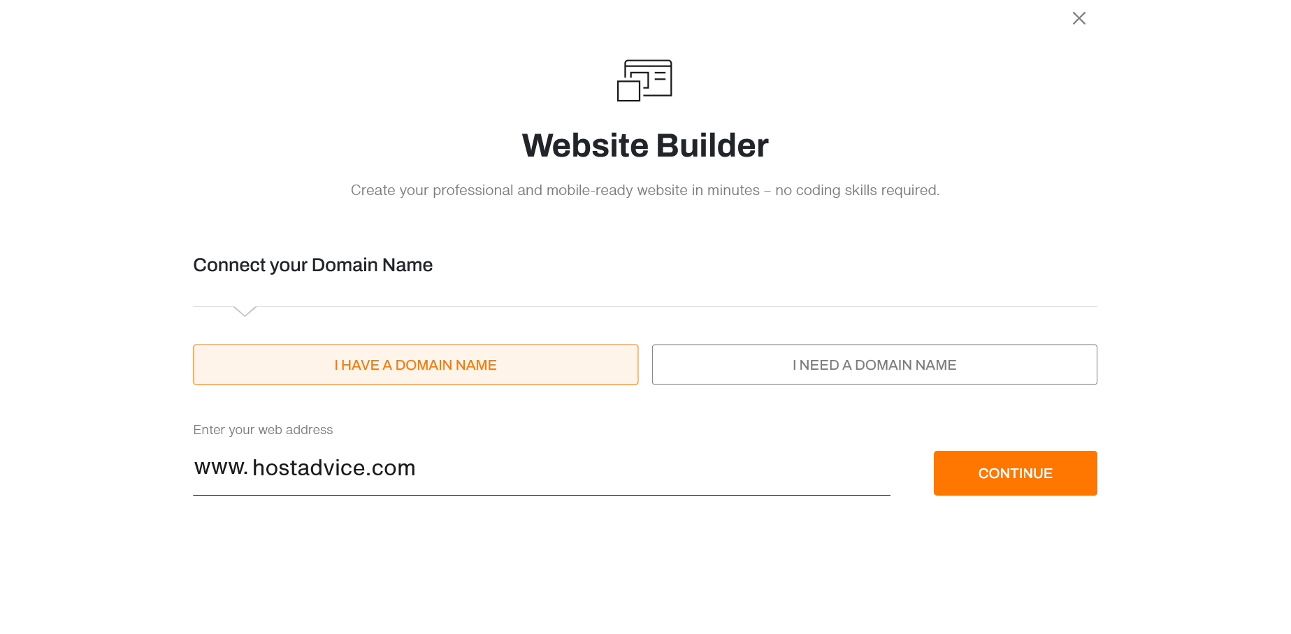ドメイン名の接続を求める BigRock Website Builder のサインアップモーダル