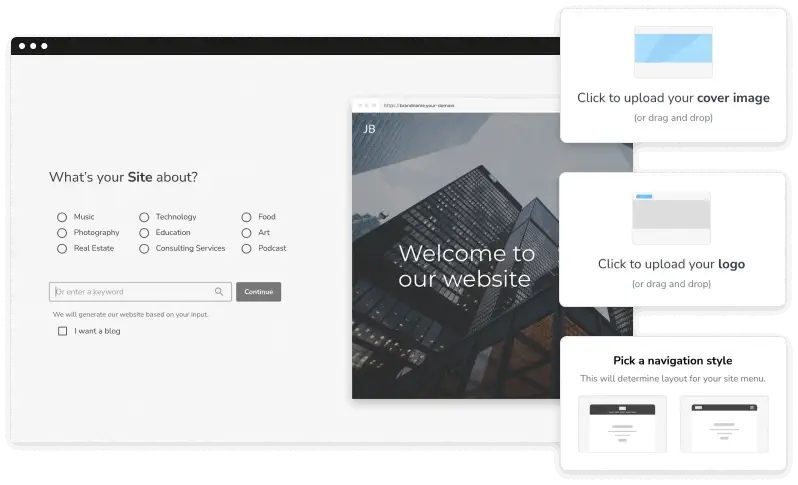 サイトカテゴリオプションを表示する BigRock Website Builder の AI搭載サイト設定アンケート