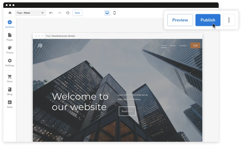 Preview と Publish コントロールを備えた BigRock Website Builder エディター