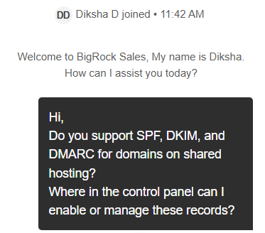 サポート担当者 Diksha D との会話開始時の BigRock ライブチャット