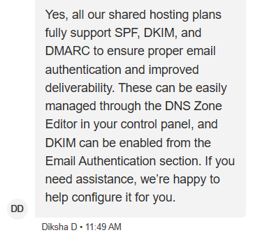 SPF DKIM および DMARC サポートについての BigRock ライブチャット回答