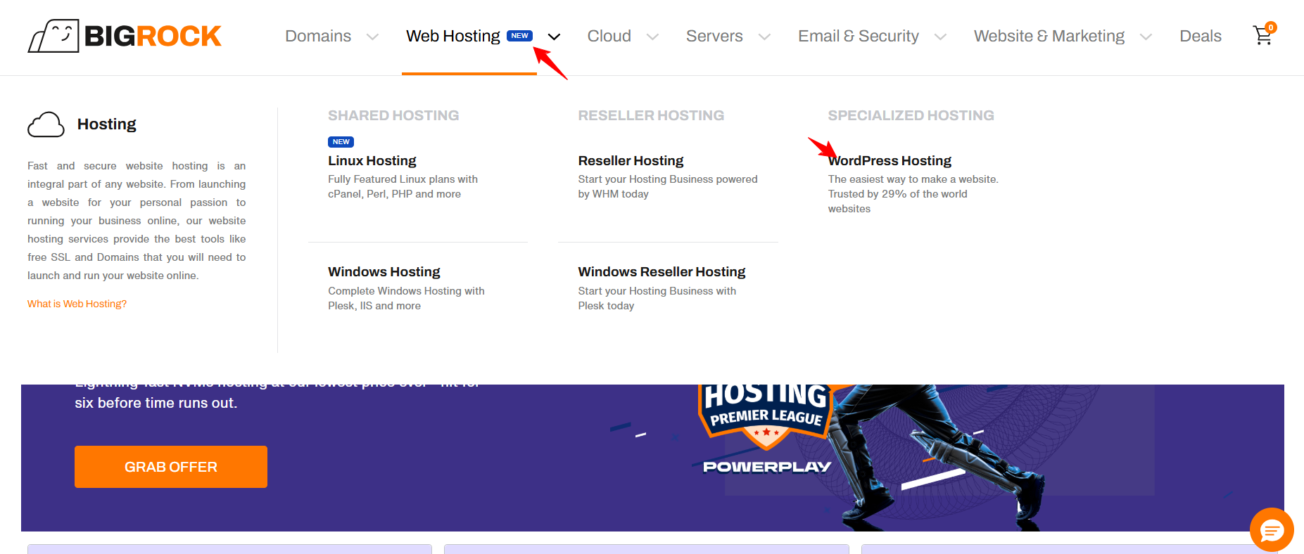 Specialized HostingカラムにWordPress Hostingが表示されたBigRock Web Hostingメニュー