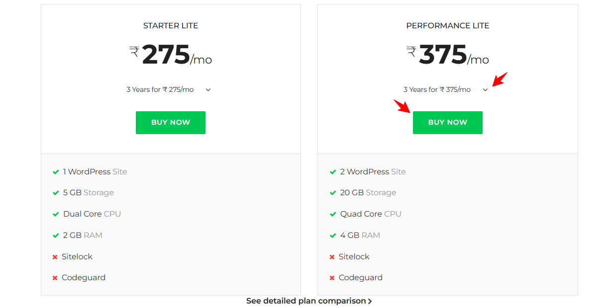 Performance Liteの契約期間選択を示すBigRock WordPress Hostingプランカード