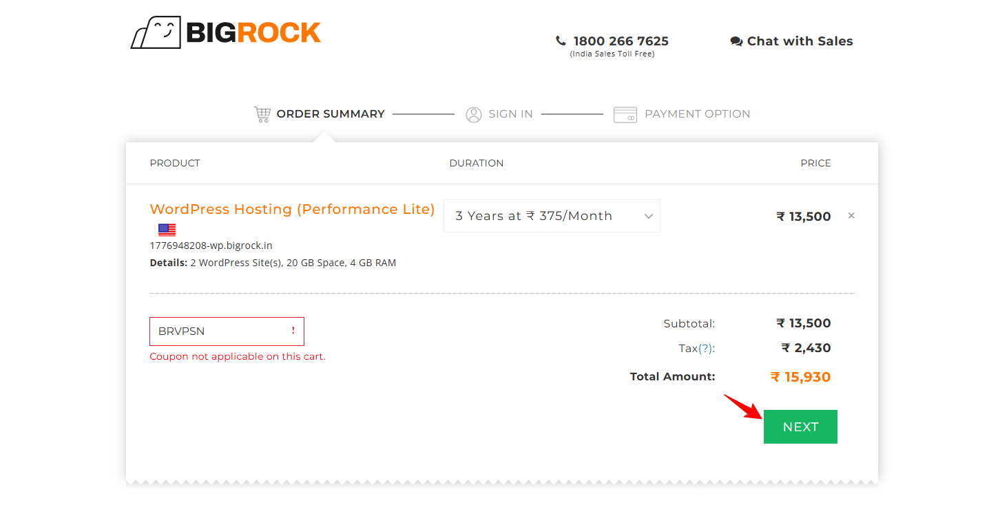 選択したプランとクーポンメッセージを表示するBigRock WordPress Hostingの注文概要