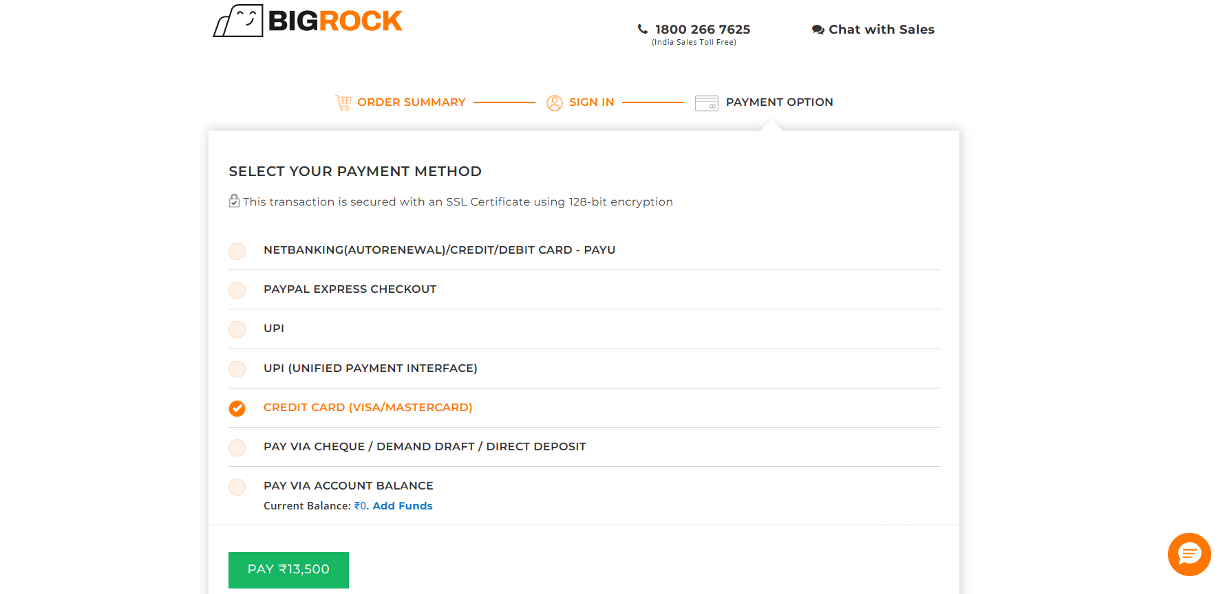 BigRock WordPress Hostingの支払いオプション確認ページ