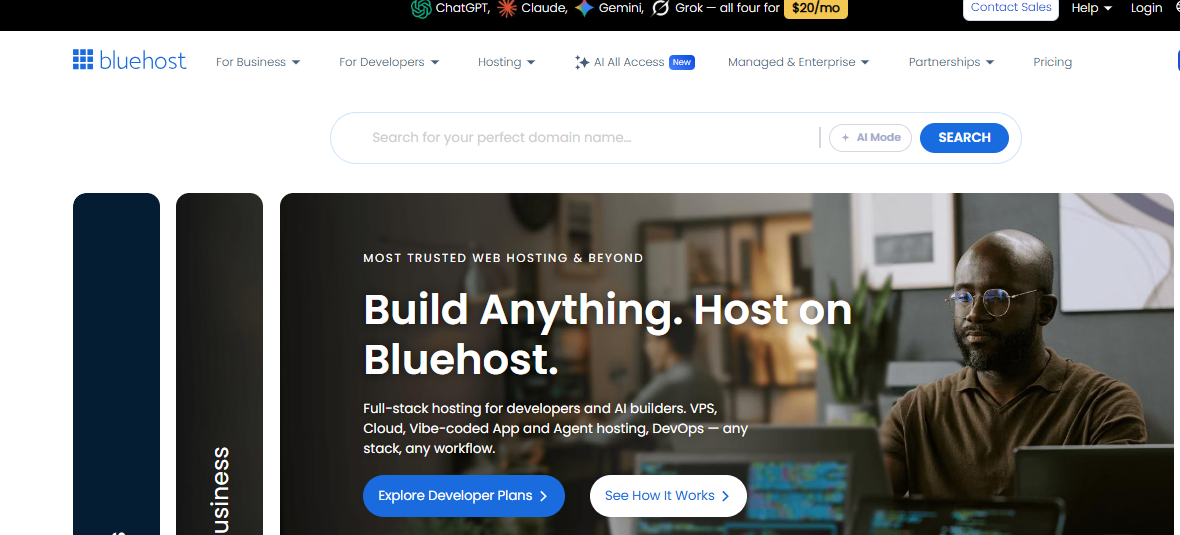 Bluehost homepage for finding domain promo code options